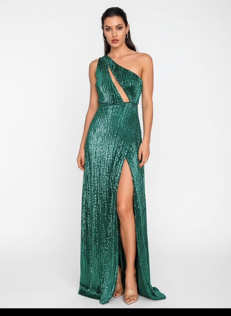 Emerald green sequin maxi dress with one shoulder design, bodycon fit, full-length evening gown