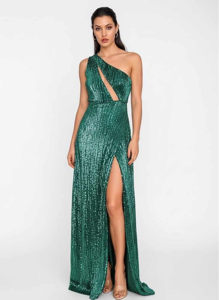 One Shoulder Green Sequin Maxi Dress - Formal Evening Gown | Dalaida One Shoulder Green Sequin Maxi Dress - Formal Evening Gown | Dalaida