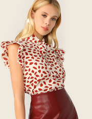 Chic Petal Print Red Bow Top