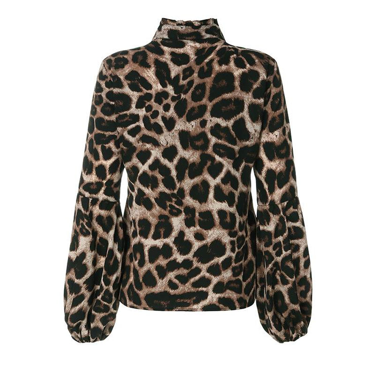 Women high neck lantern sleeve leopard print  women blouse
