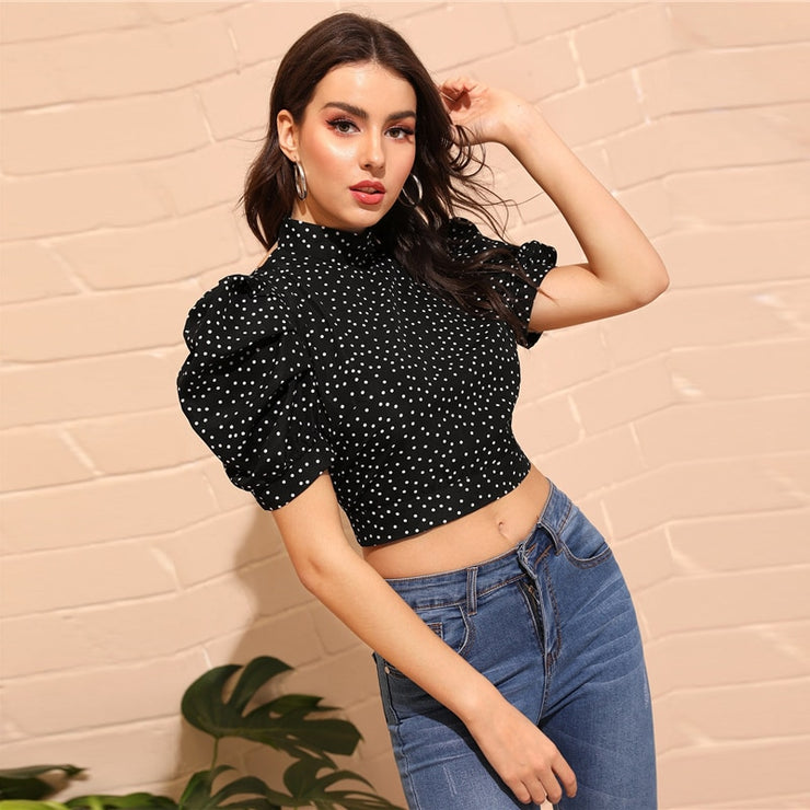 SHEIN Sexy Black Mock-Neck Puff Sleeve Knot Backless Polka Dot Top Blouse Women Summer 2019 Slim Fitted High Street Blouses