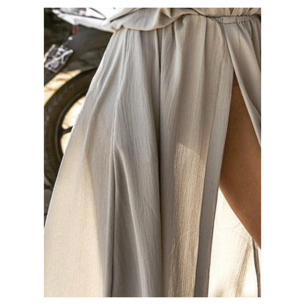 Deep V-Neck Batwing Short Sleeve Casual Loose Pockets Long Maxi Split Dress