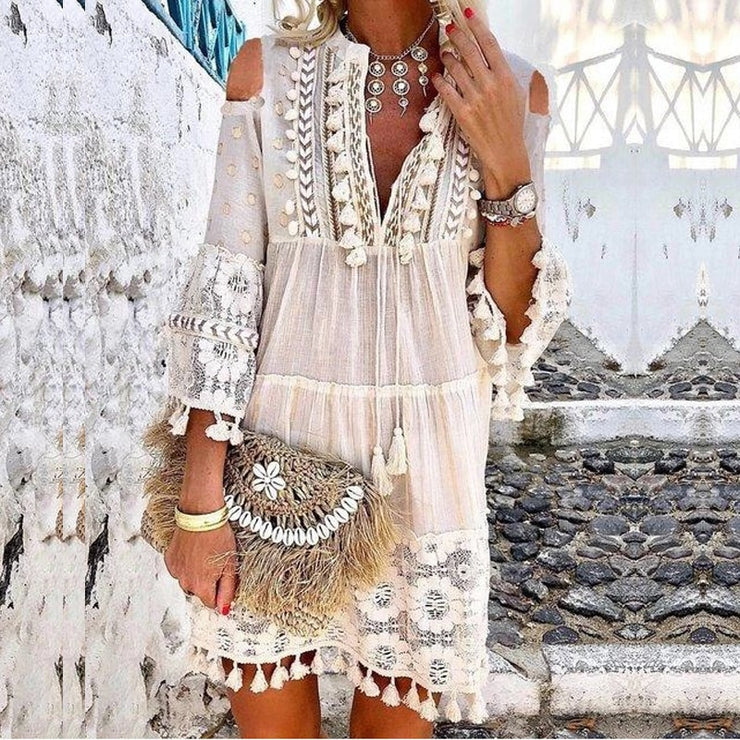 V Neck Seven Sleeve Loose Short Dresses Holiday Chic Dress V Neck Seven Sleeve Loose Short Dresses Holiday Chic Dress