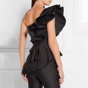 Women One-Shoulder Blouse with a Self-Tie waistband for a slim chic look.