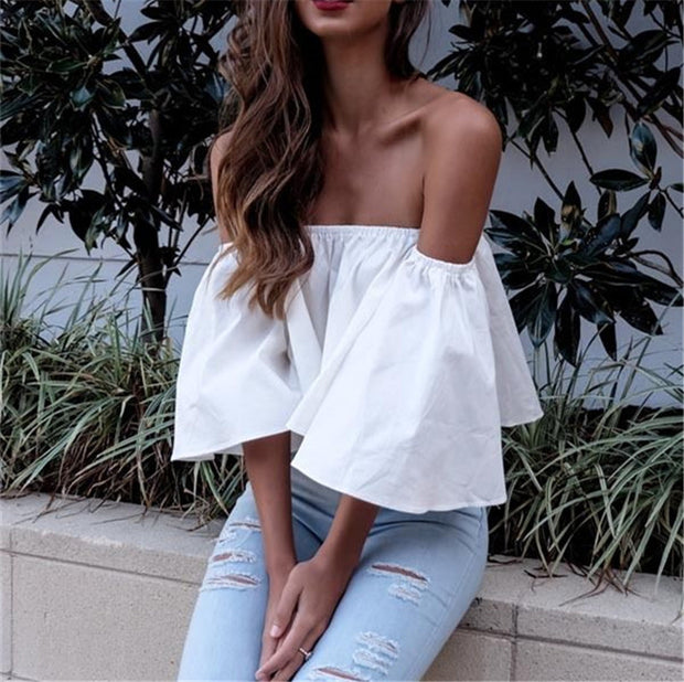 White Flare Blouse Wide Sleeve Shoulderless