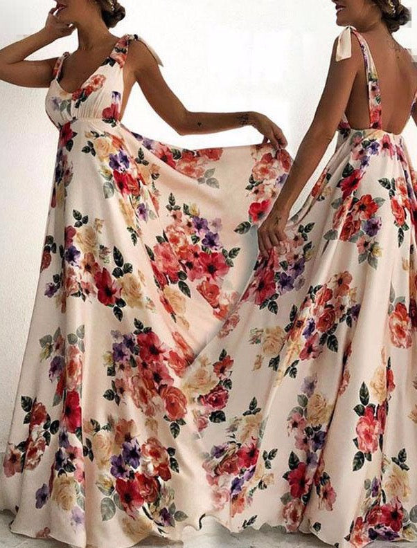 Women Long Maxi Clothes Bohemian Spaghetti Strap Backless Floral Print