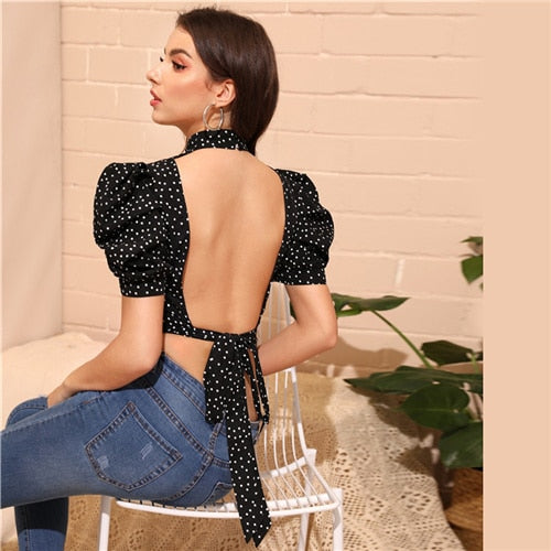 SHEIN Sexy Black Mock-Neck Puff Sleeve Knot Backless Polka Dot Top Blouse Women Summer 2019 Slim Fitted High Street Blouses