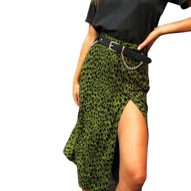 High Waist Skirt Green Leopard