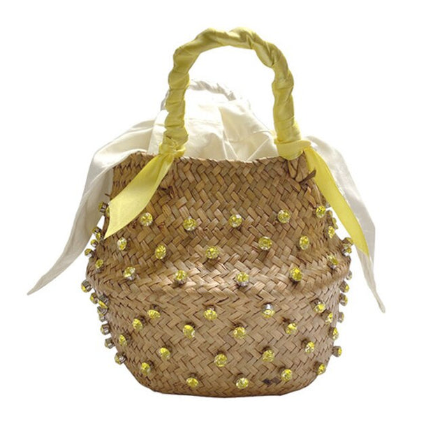 Hand-sewn Rhinestone Embellished Straw Bag