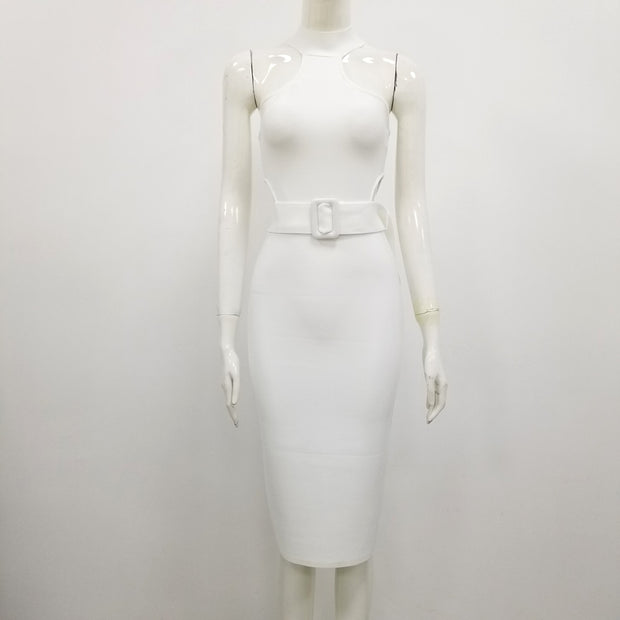 Women Summer Sexy Hollow Out Knee Length Midi White Bodycon Bandage Dress 2021 Designer Bodycon ElegaEvening Party Dress Vestido