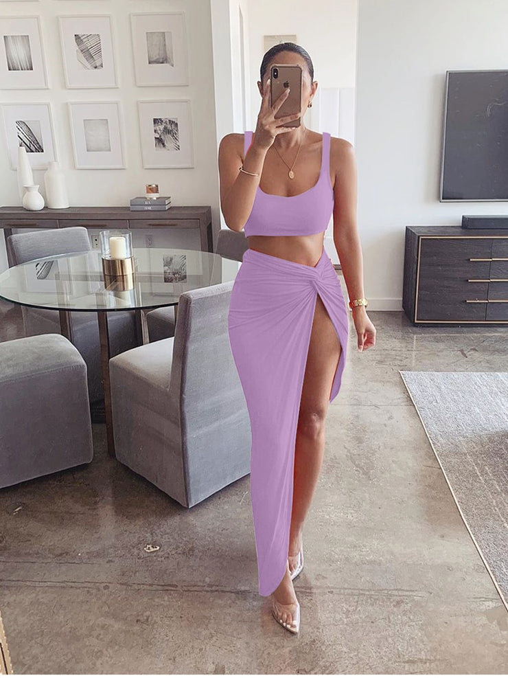 Sexy Solid Two-piece Pants Set, Criss Cross Crop Top & Split Pants Outfits,  Women's Clothing