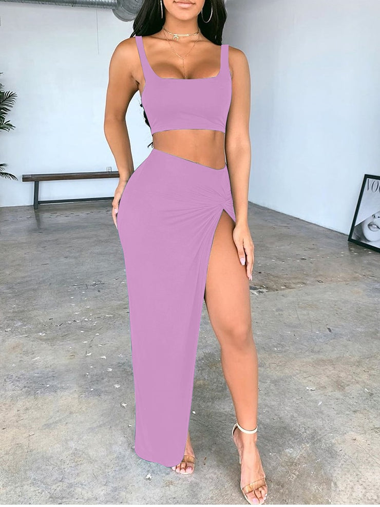 NewAsia Sexy Party 2 Piece Set Women Plus Size Crop Top Twist Side Split Long Skirts Matching Sets Club Two Piece Outfits 2021