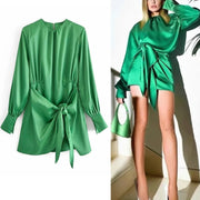 TRAF Za 2021 Green Dress Women Satin Dress Woman Elegant Long Sleeve Mini Summer Dress Lady Knot Wrap Evening Short Dresses